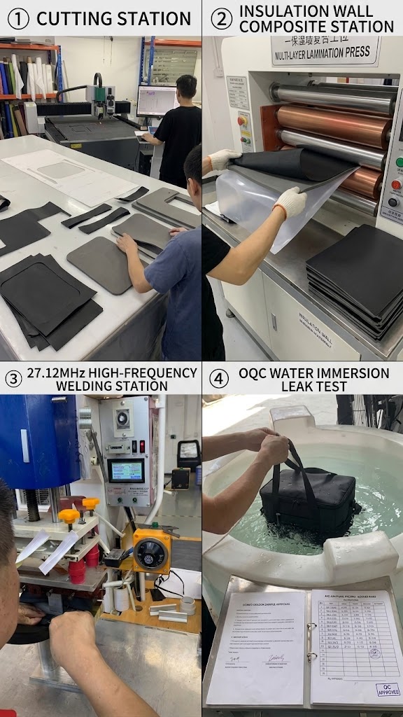 cooler backpack factory floor: cutting, insulated wall lamination, 27.12 MHz welding and finished-bag immersion testing