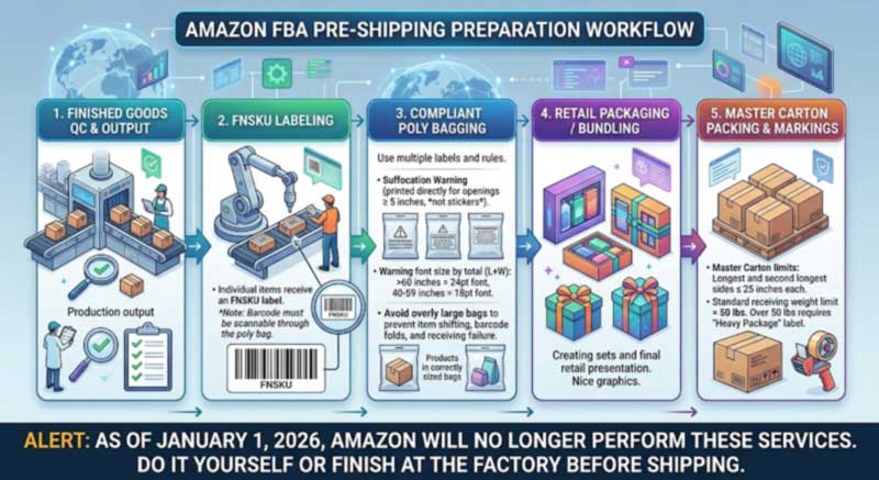 factory-side Amazon FBA prep flow for cooler bags: FNSKU labelling, compliant poly bagging, retail packaging and carton labelling